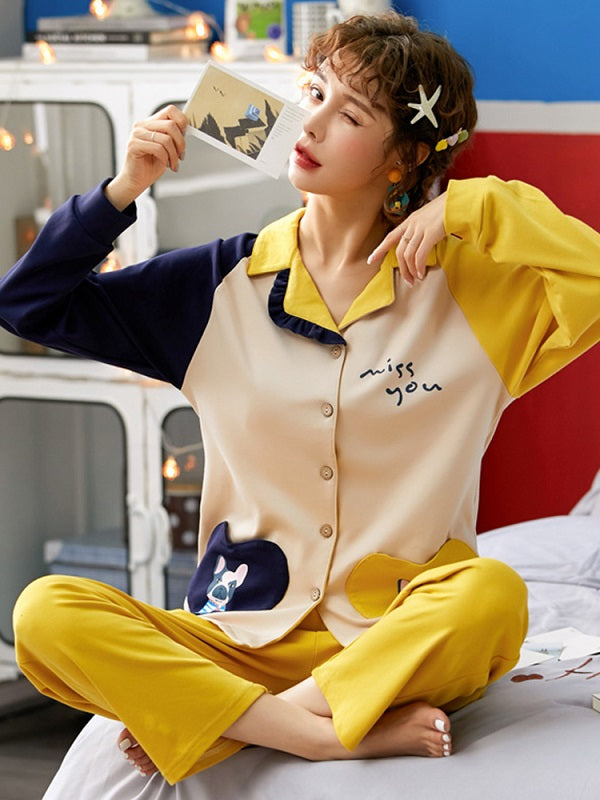 Long Sleeve Lapel Button-Down Cotton Soft Pajama Set