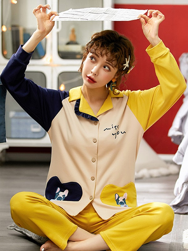 Long Sleeve Lapel Button-Down Cotton Soft Pajama Set