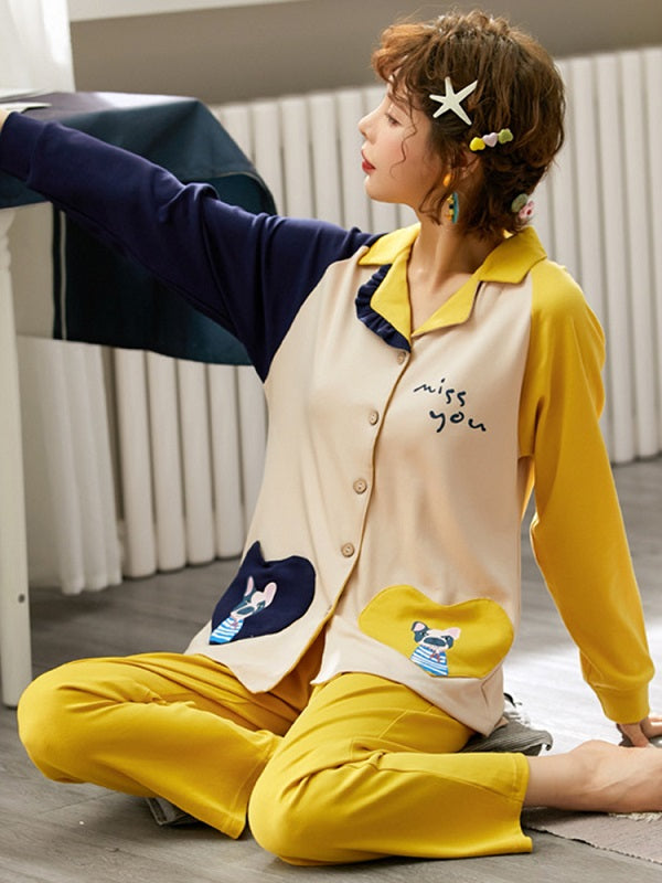 Long Sleeve Lapel Button-Down Cotton Soft Pajama Set