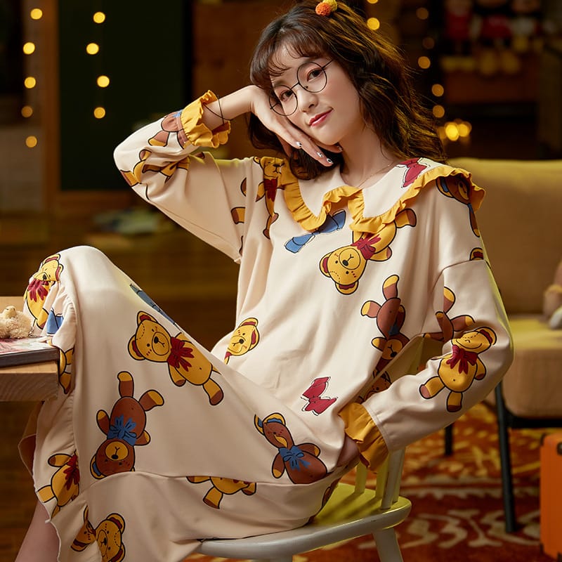 Long-sleeved Cartoon Printed Night Dress