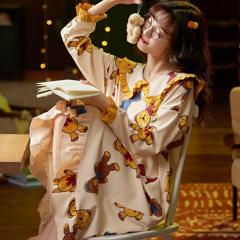 Long-sleeved Cartoon Printed Night Dress