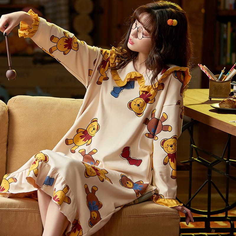 Long-sleeved Cartoon Printed Night Dress