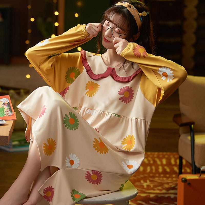 Long-sleeved Cartoon Printed Night Dress