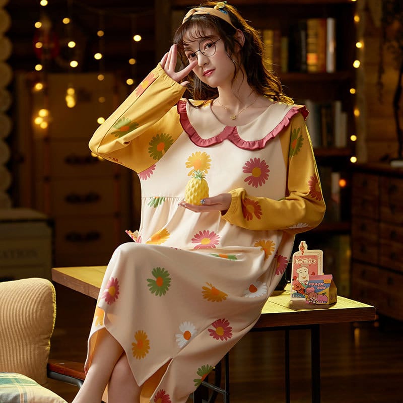 Long-sleeved Cartoon Printed Night Dress