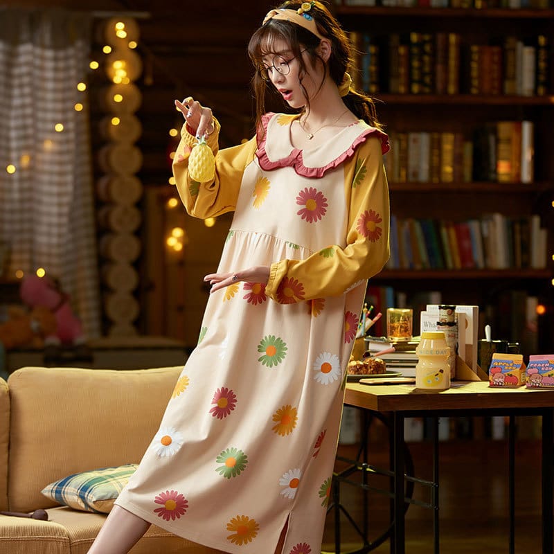 Long-sleeved Cartoon Printed Night Dress