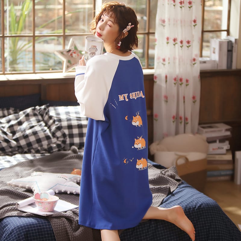 Long-sleeved Cartoon Printed Night Dress