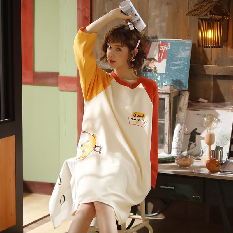 Long-sleeved Cartoon Printed Night Dress