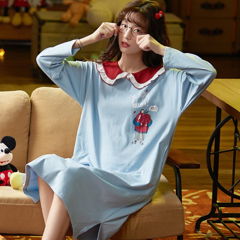 Long-sleeved Cartoon Printed Night Dress