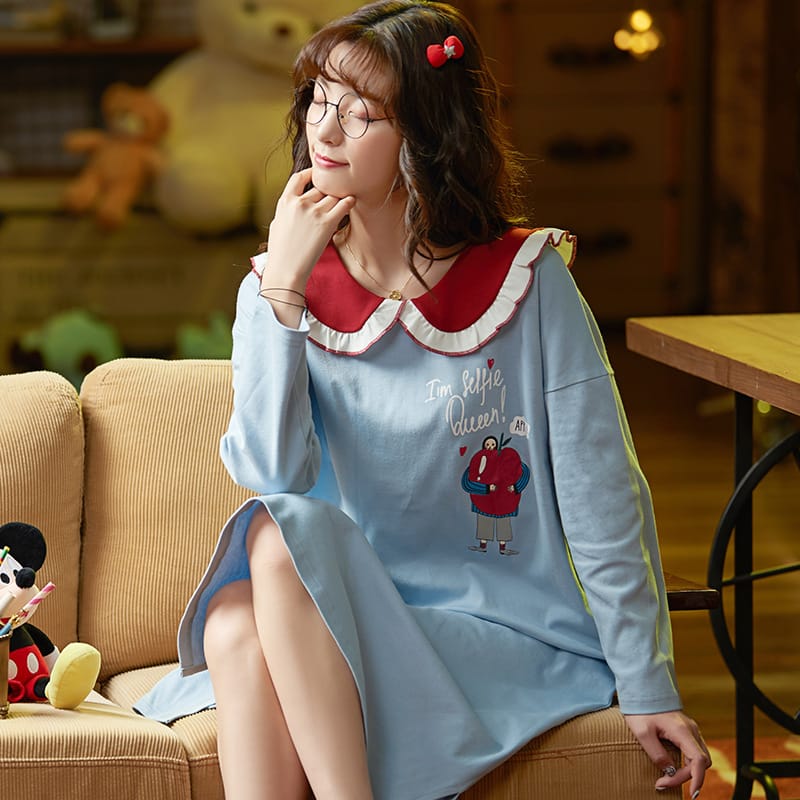 Long-sleeved Cartoon Printed Night Dress