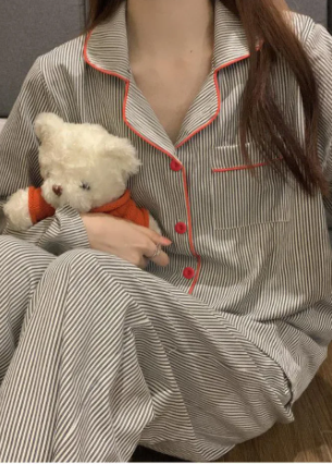Casual Loose Breathable Student Sleepwear Striped Two Piece