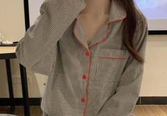Casual Loose Breathable Student Sleepwear Striped Two Piece