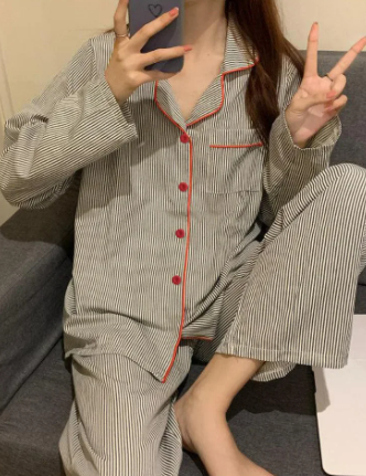 Casual Loose Breathable Student Sleepwear Striped Two Piece