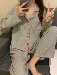 Casual Loose Breathable Student Sleepwear Striped Two Piece