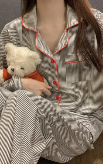 Casual Loose Breathable Student Sleepwear Striped Two Piece