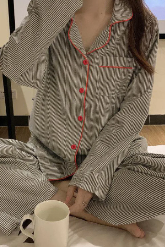Casual Loose Breathable Student Sleepwear Striped Two Piece