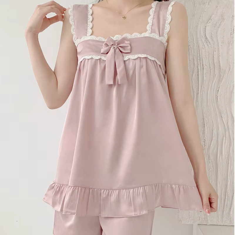 Loose Ice Silk Loungewear Satin Solid Tops Shorts Two Piece Nightwear Sets