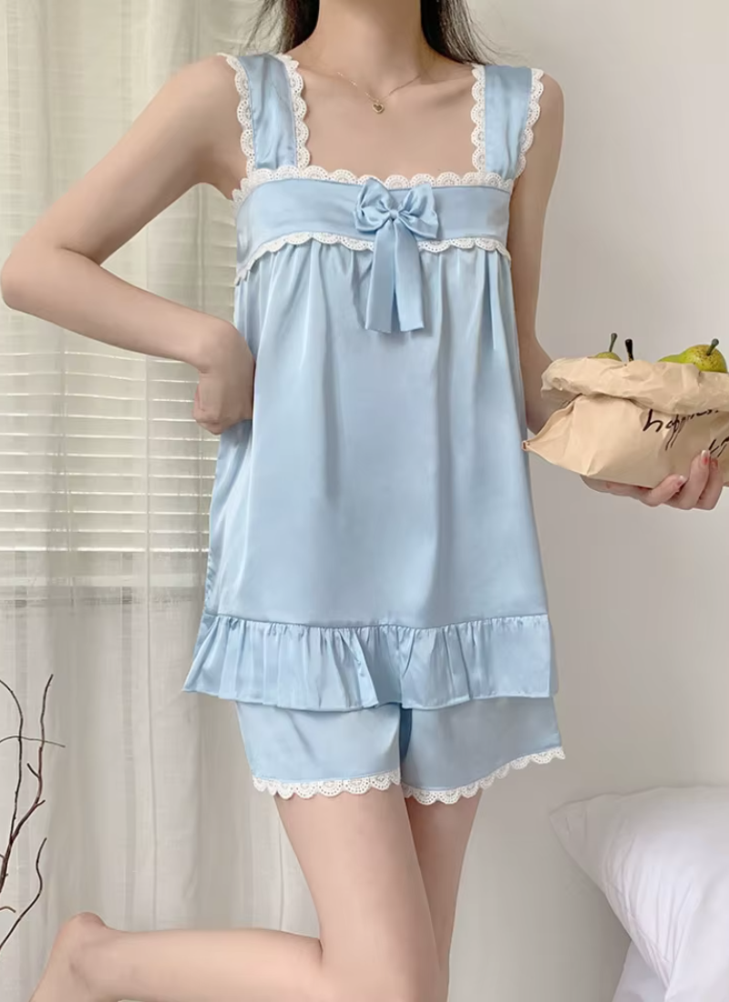 Loose Ice Silk Loungewear Satin Solid Tops Shorts Two Piece Nightwear Sets