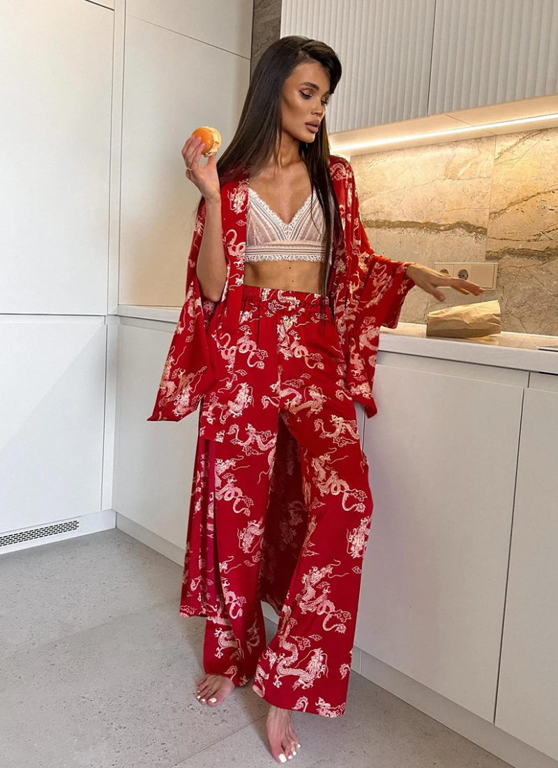 Loose Printing V-Neck Sleepwear Long Sleeve Wide Leg Pants Casual Pajamas Set