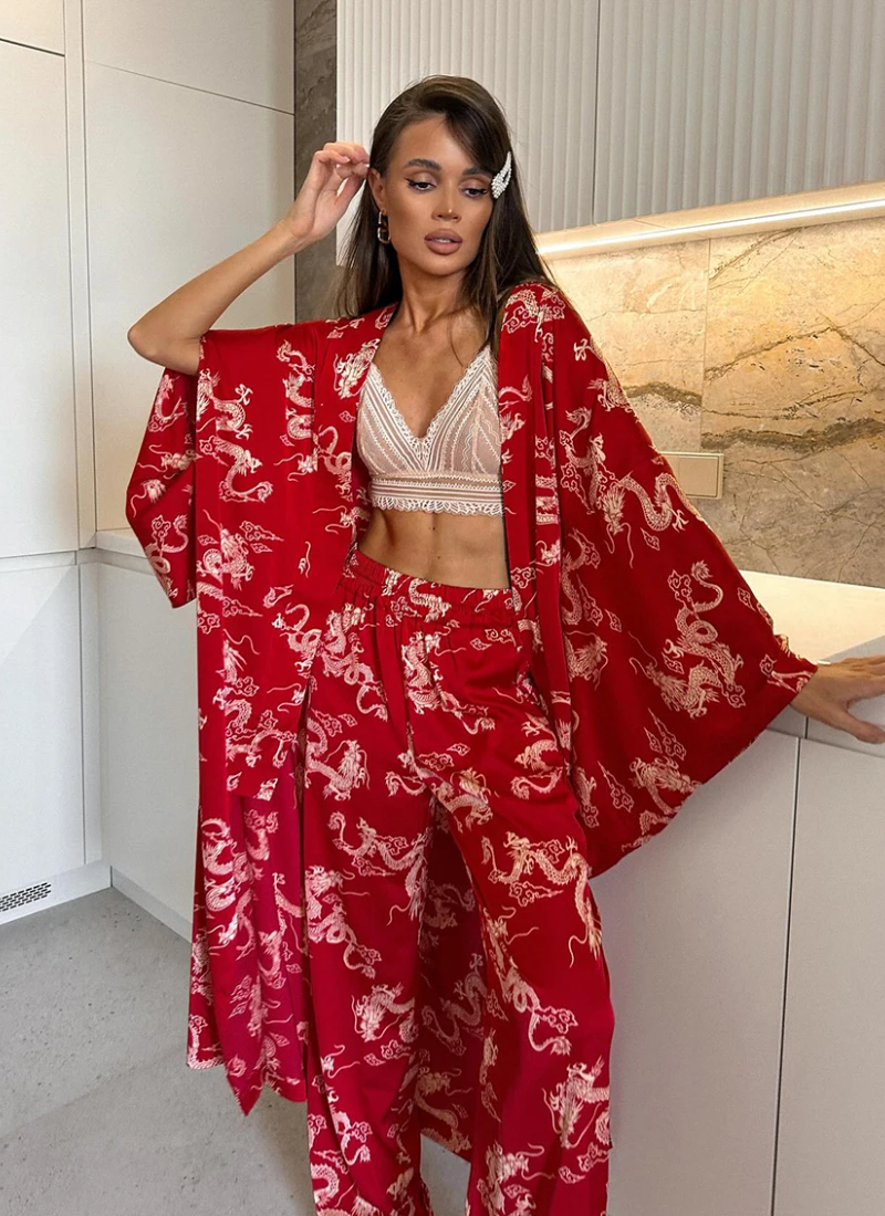 Loose Printing V-Neck Sleepwear Long Sleeve Wide Leg Pants Casual Pajamas Set