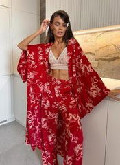 Loose Printing V-Neck Sleepwear Long Sleeve Wide Leg Pants Casual Pajamas Set