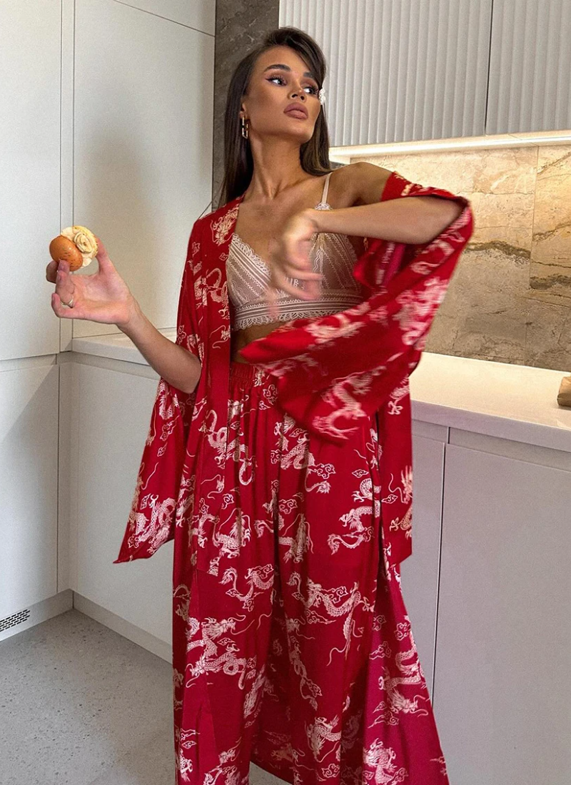 Loose Printing V-Neck Sleepwear Long Sleeve Wide Leg Pants Casual Pajamas Set
