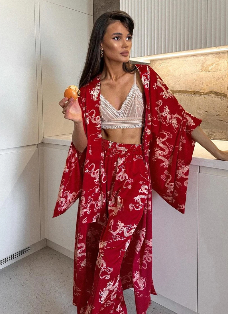 Loose Printing V-Neck Sleepwear Long Sleeve Wide Leg Pants Casual Pajamas Set