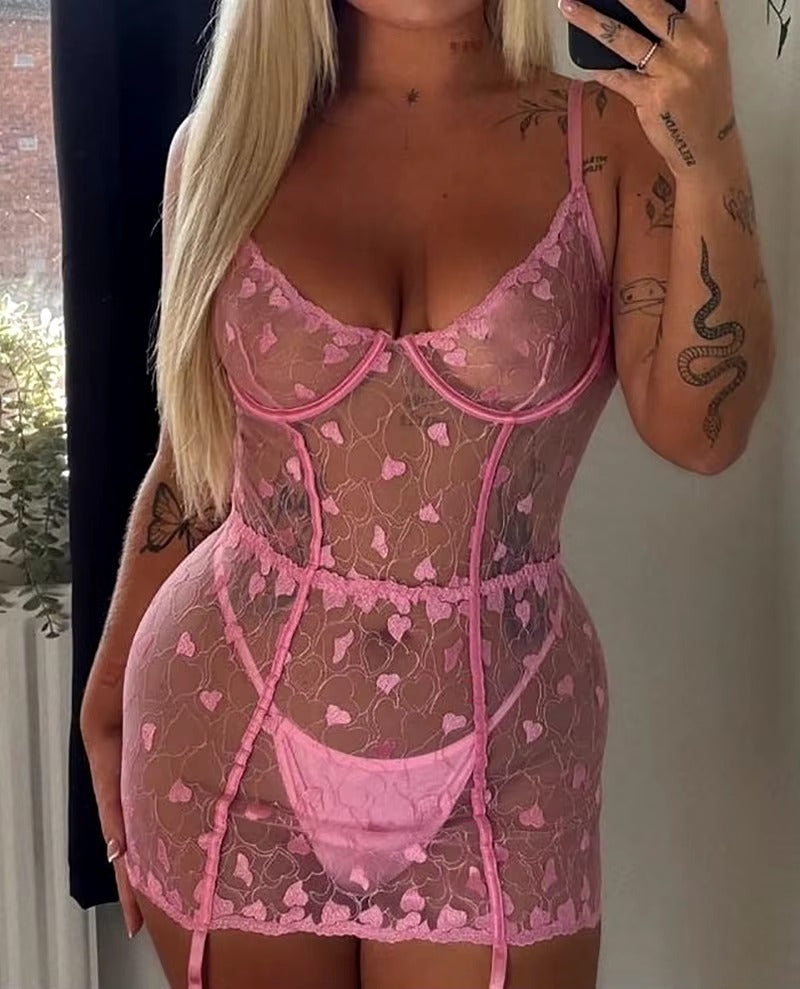 Love Embroidery Seamless Erotic Costume Seductive Sweet Mini Dress