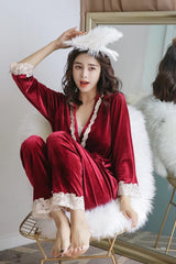 Luxury Noble Velvet Lace Suspenders Pajamas Three-piece Set