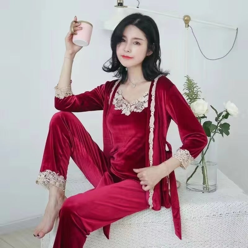Luxury Noble Velvet Lace Suspenders Pajamas Three-piece Set