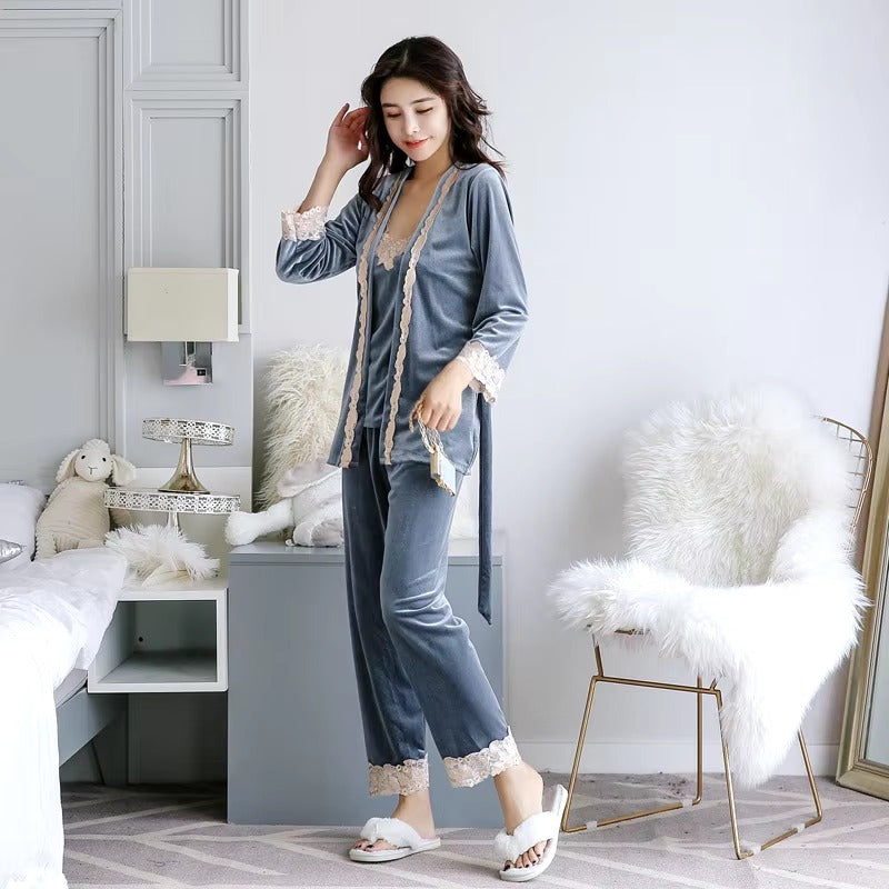 Luxury Noble Velvet Lace Suspenders Pajamas Three-piece Set