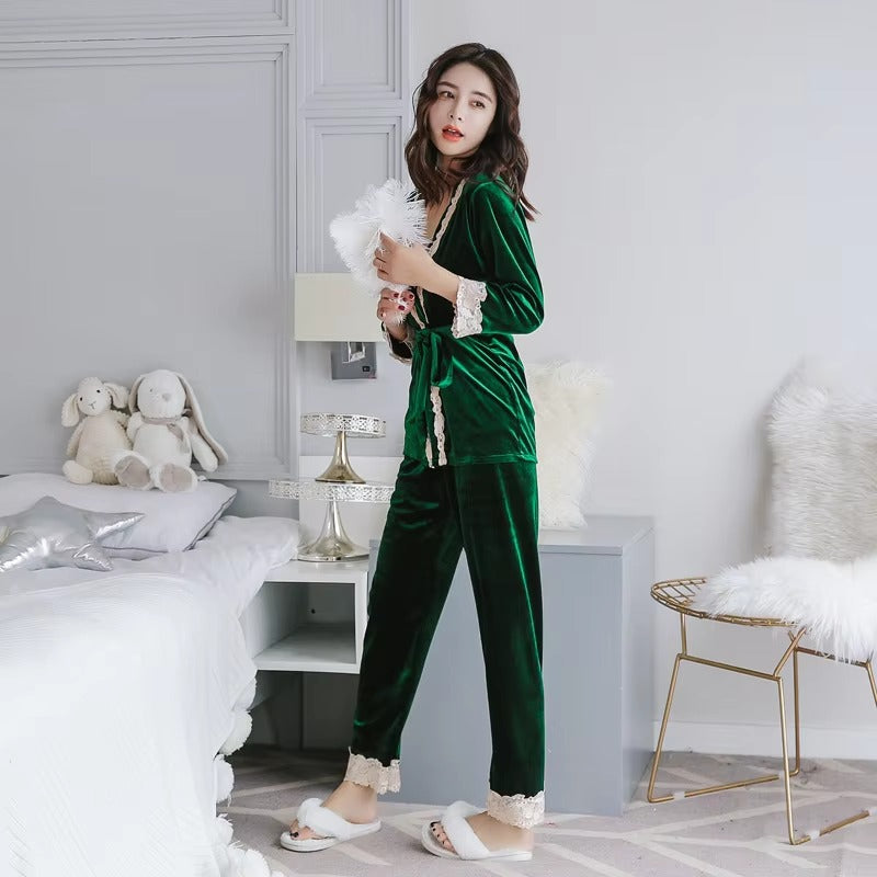 Luxury Noble Velvet Lace Suspenders Pajamas Three-piece Set