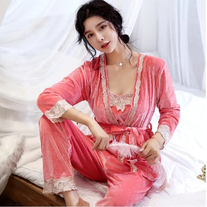 Luxury Noble Velvet Lace Suspenders Pajamas Three-piece Set