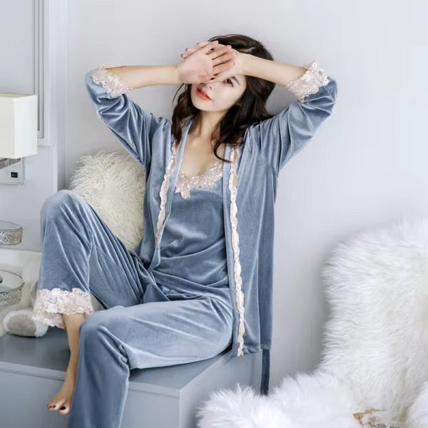 Luxury Noble Velvet Lace Suspenders Pajamas Three-piece Set