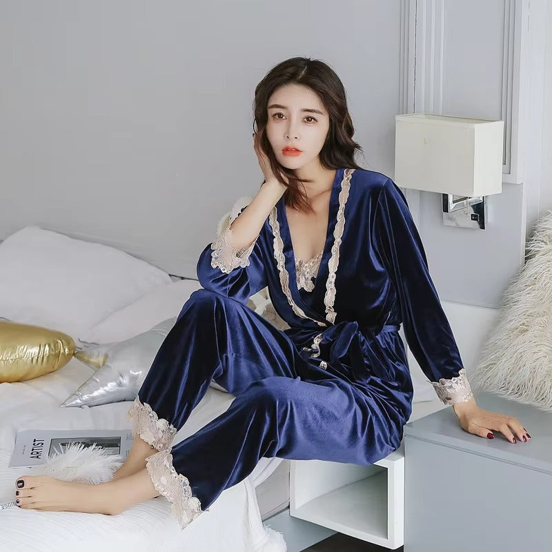 Luxury Noble Velvet Lace Suspenders Pajamas Three-piece Set