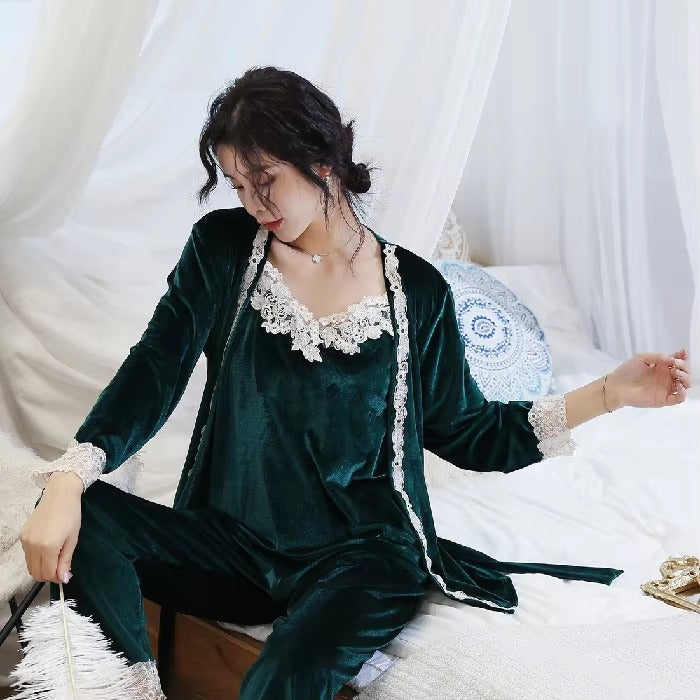 Luxury Noble Velvet Lace Suspenders Pajamas Three-piece Set