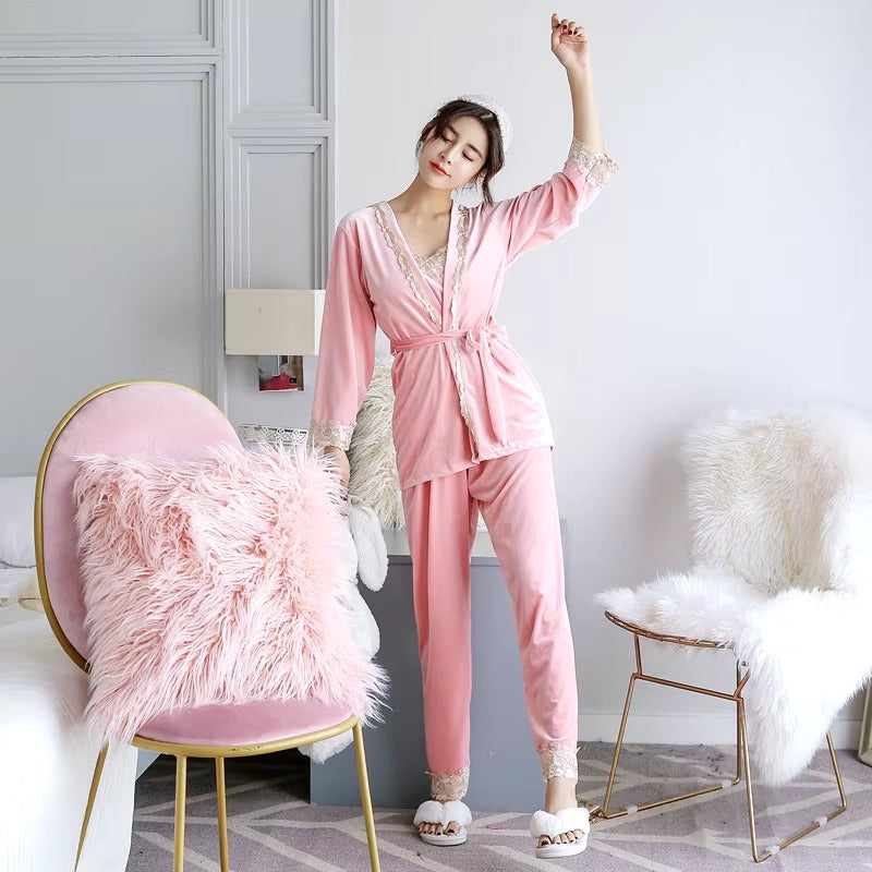 Luxury Noble Velvet Lace Suspenders Pajamas Three-piece Set