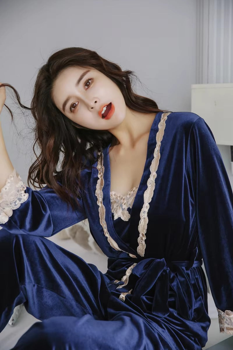Luxury Noble Velvet Lace Suspenders Pajamas Three-piece Set