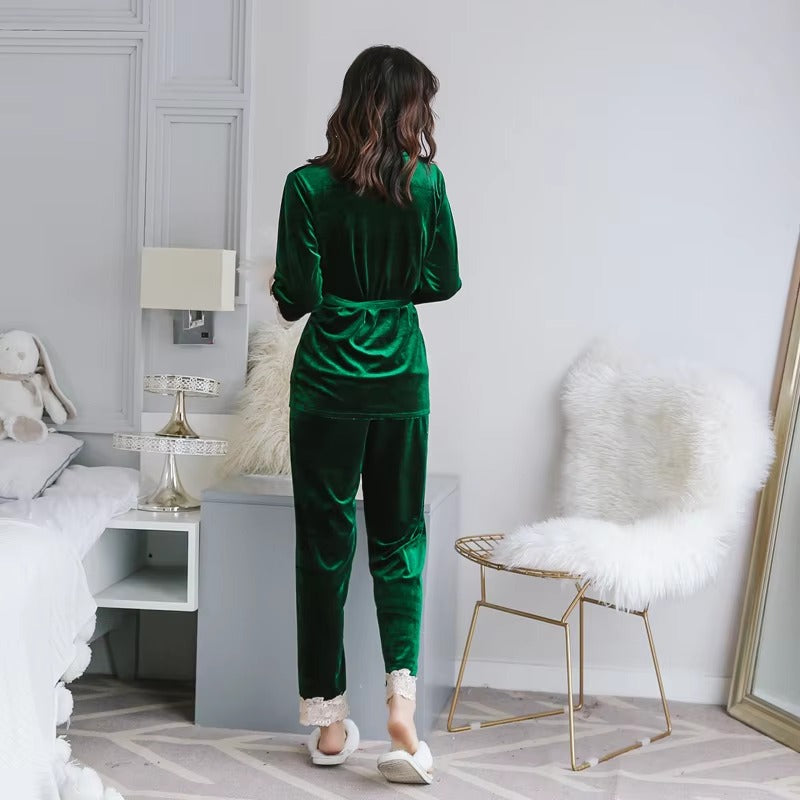 Luxury Noble Velvet Lace Suspenders Pajamas Three-piece Set