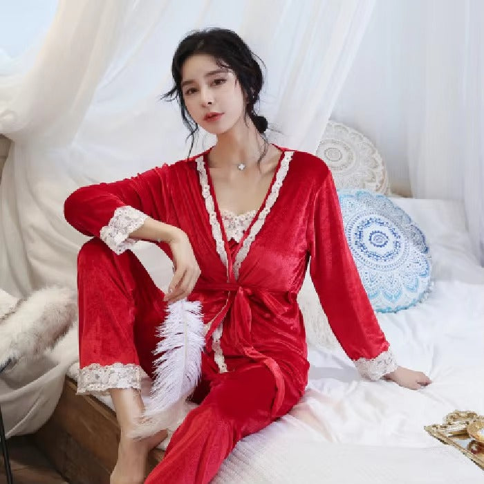 Luxury Noble Velvet Lace Suspenders Pajamas Three-piece Set