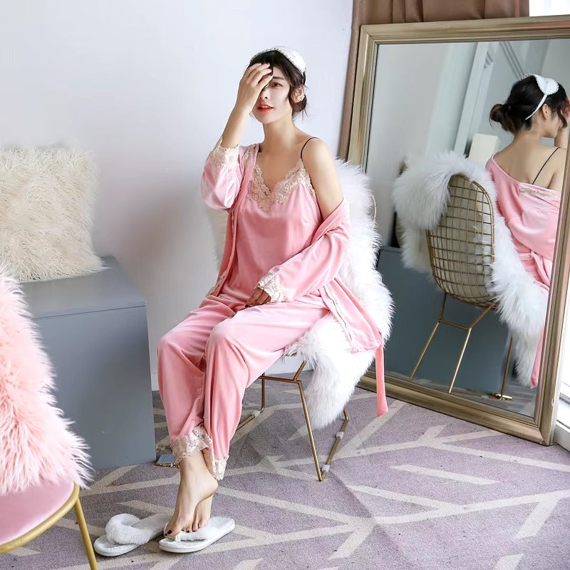 Luxury Noble Velvet Lace Suspenders Pajamas Three-piece Set