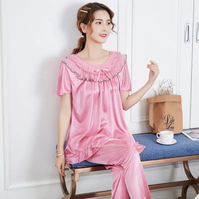 Luxury Satin Solid Color Short Sleeve Elastic Bottom Comfortable