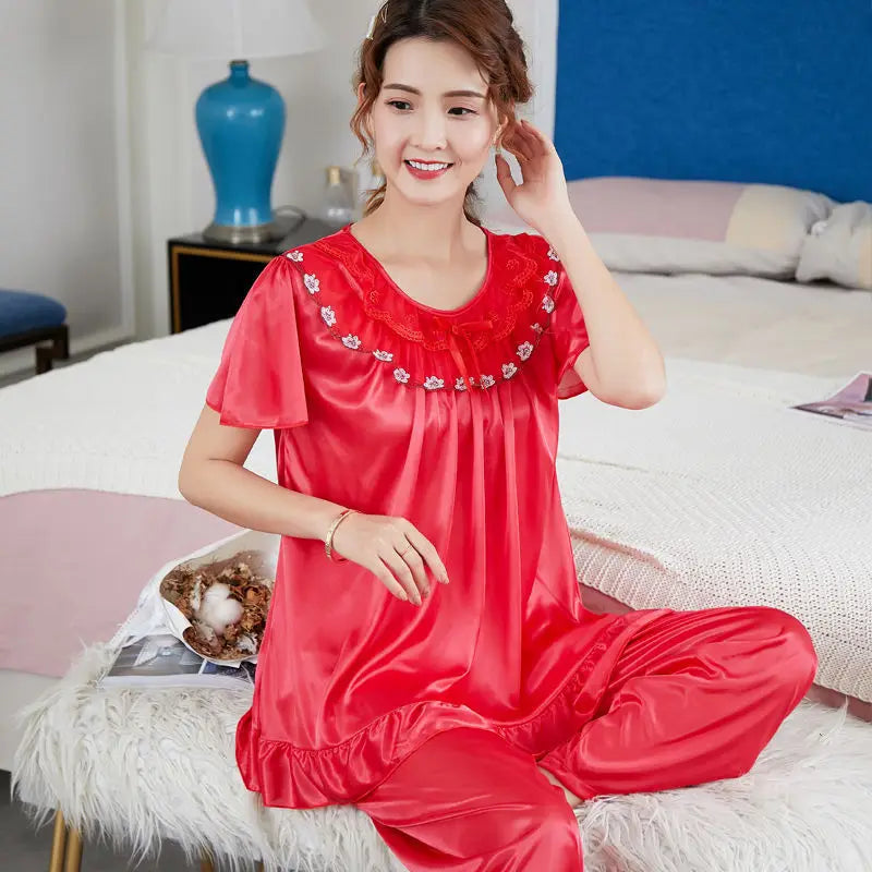 Luxury Satin Solid Color Short Sleeve Elastic Bottom Comfortable