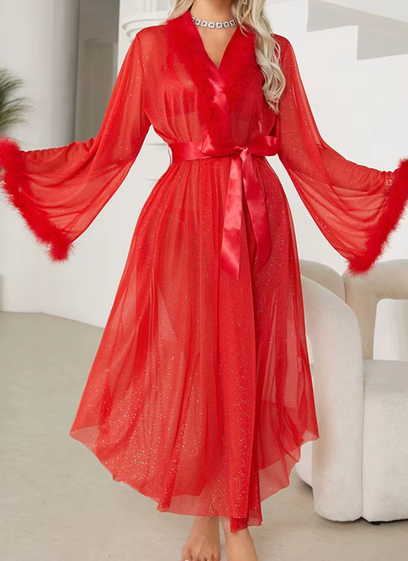 Luxury Shine Long Sleeve Plush Cuff Long Robe Night Gown