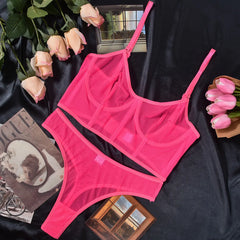 Mesh Color Blocking Underwire Fishbone Lingerie Set
