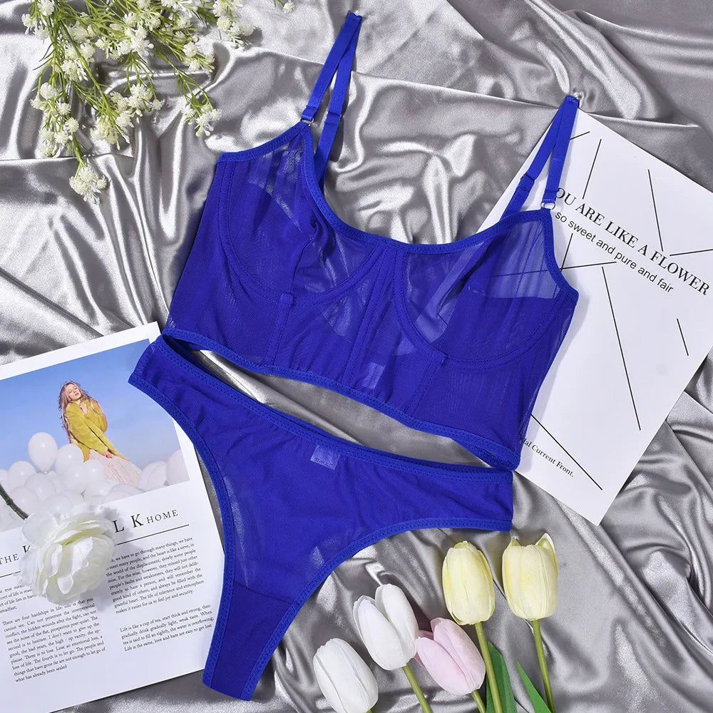 Mesh Color Blocking Underwire Fishbone Lingerie Set