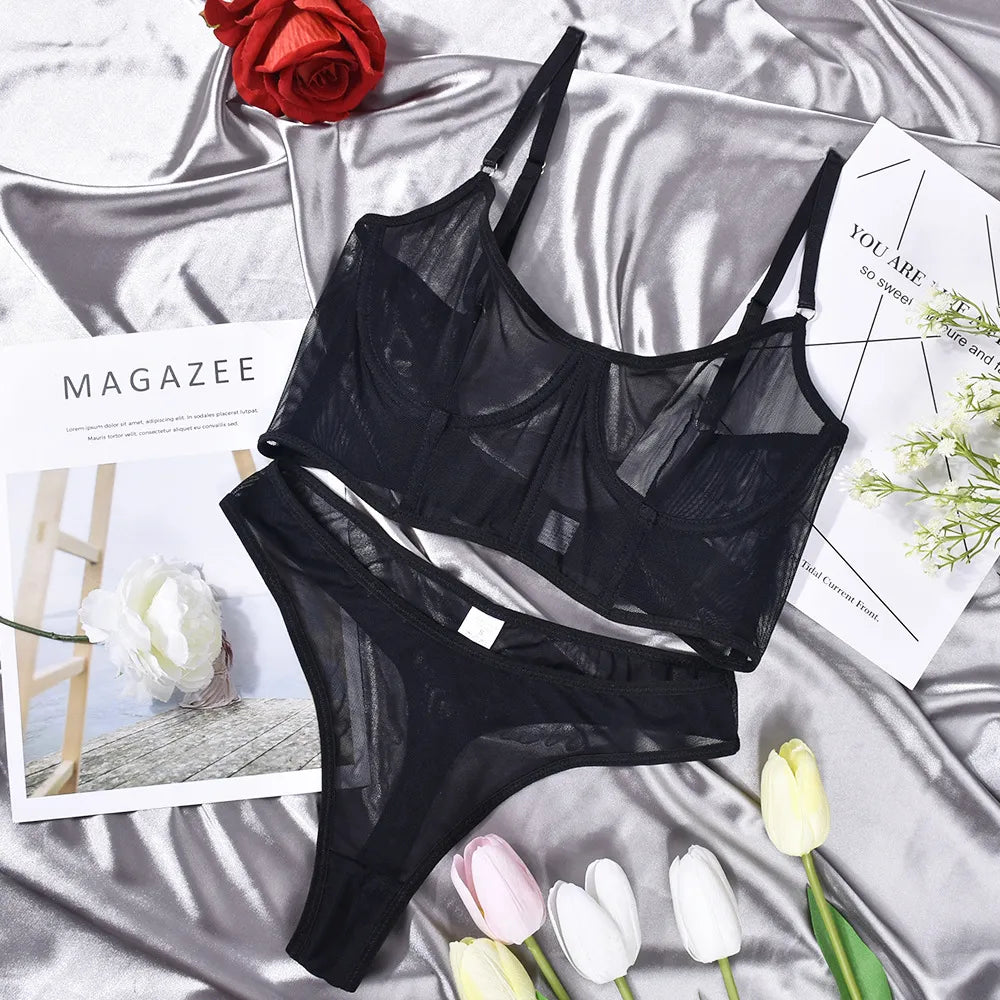 Mesh Color Blocking Underwire Fishbone Lingerie Set