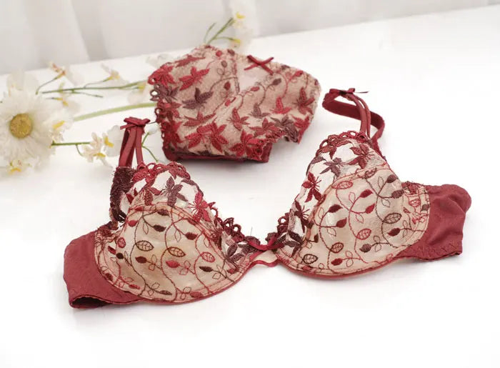 Mesh Lace Push-up Adjusting Embroidery Ultra Thin Bra Lingerie Set