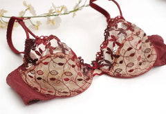 Mesh Lace Push-up Adjusting Embroidery Ultra Thin Bra Lingerie Set