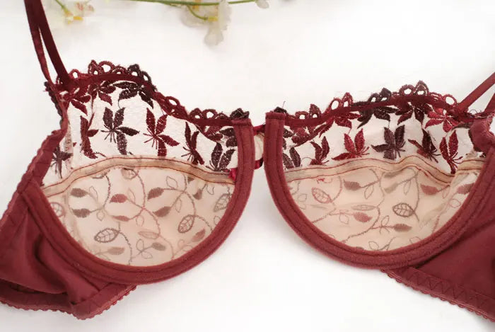 Mesh Lace Push-up Adjusting Embroidery Ultra Thin Bra Lingerie Set