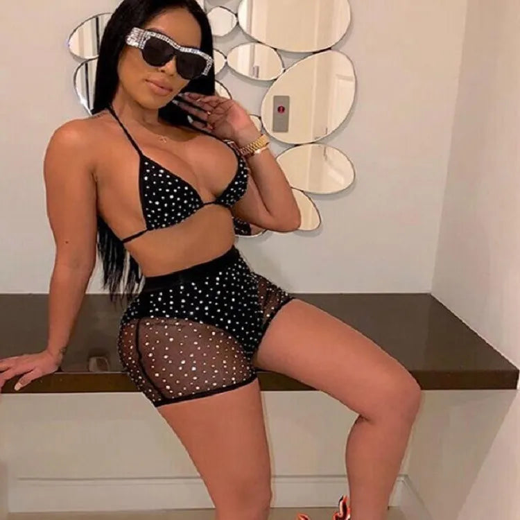 Mesh See-Through Diamond Lingerie Set